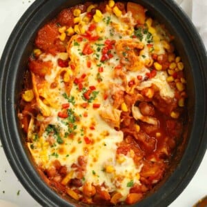 Pan full of slow cooker veggie enchiladas.