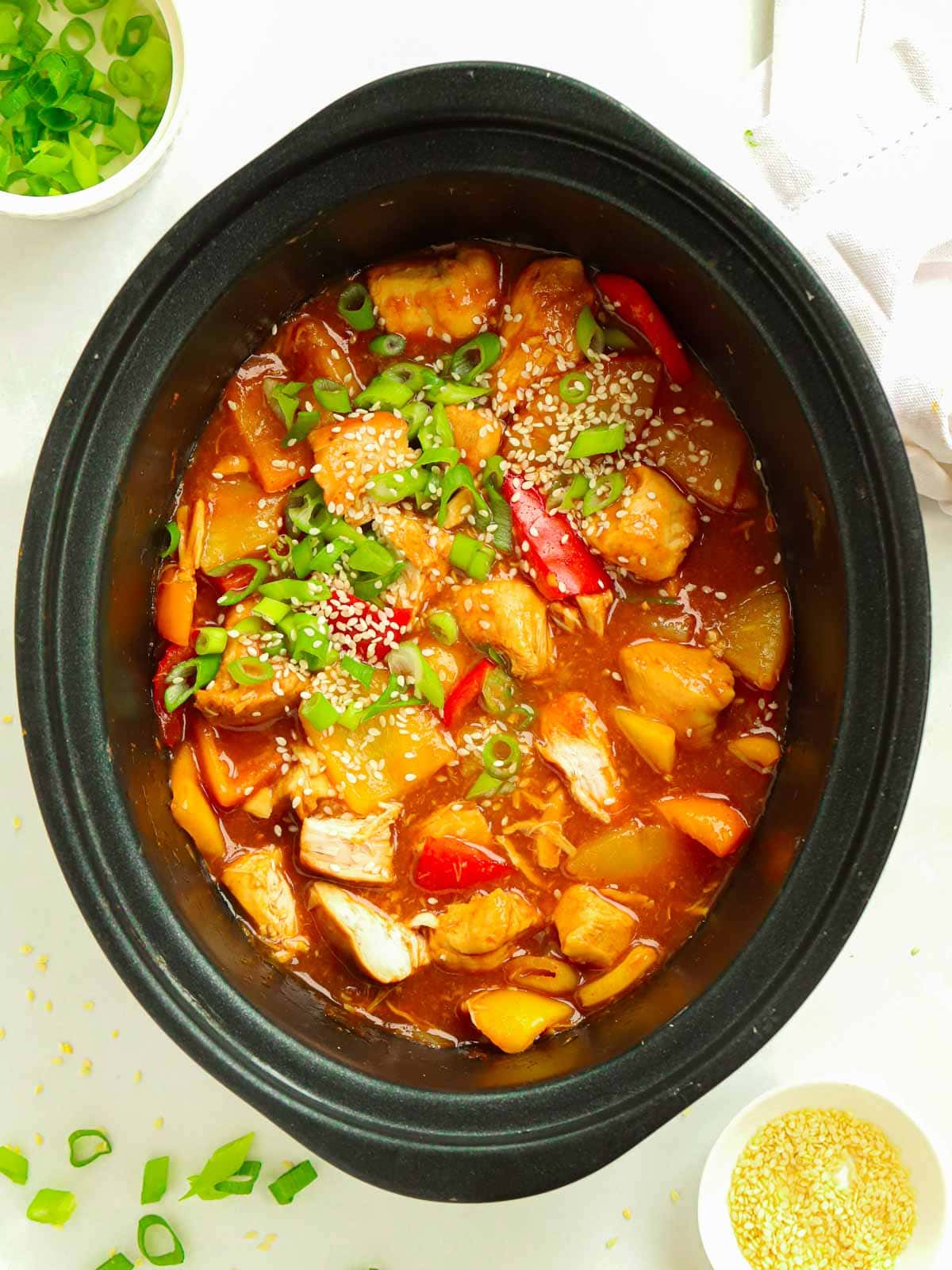Finish pan of Sweet and Sour Chicken in the Slow Cooker with the lid off.