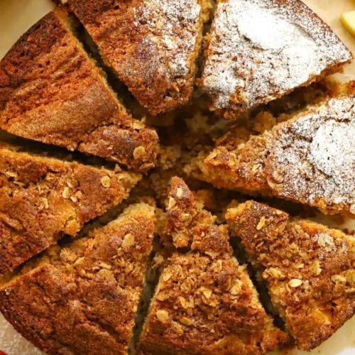 Apple Cake cut up into eight pieces.
