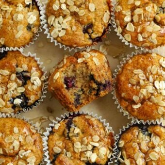 Sugar-free blueberry and oat healthy breakfast muffin recipe.