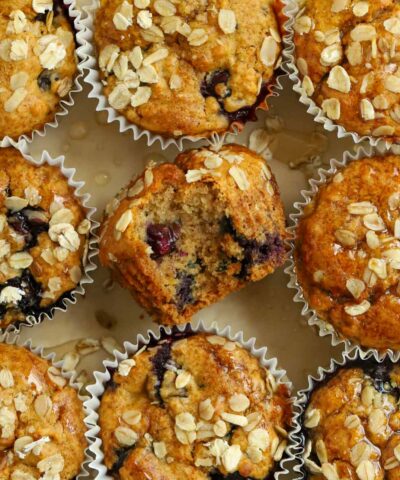 Sugar-free blueberry and oat healthy breakfast muffin recipe.