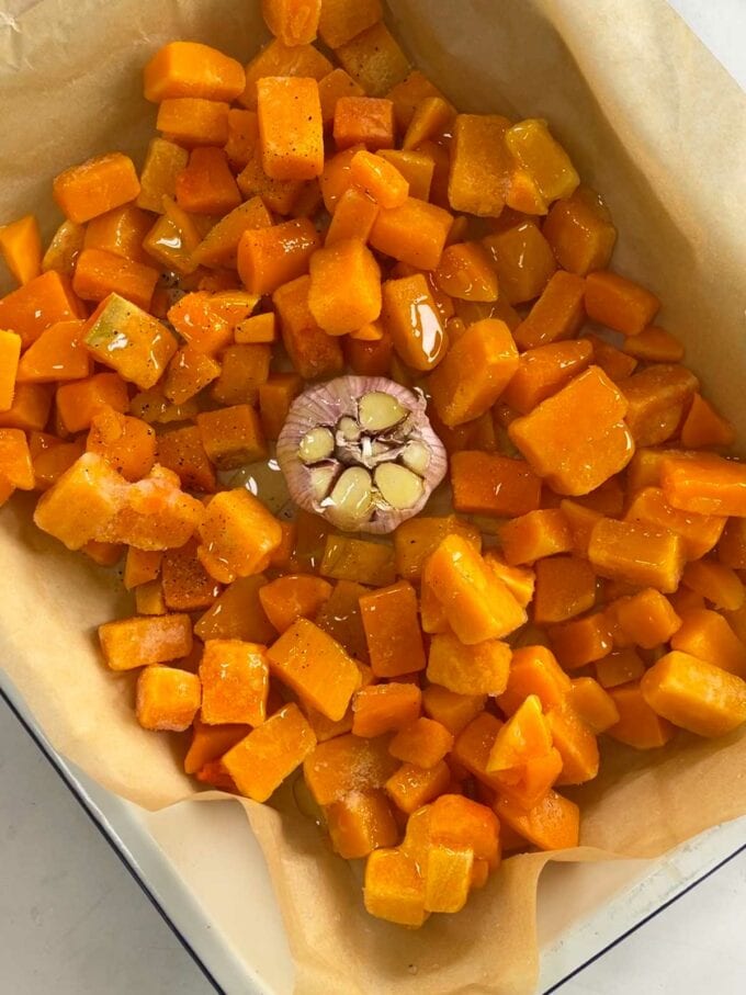 Step 1 in the recipe for butternut squash risotto.