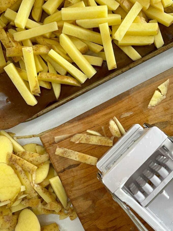 How to make homemade chips step one. Chop into strips.