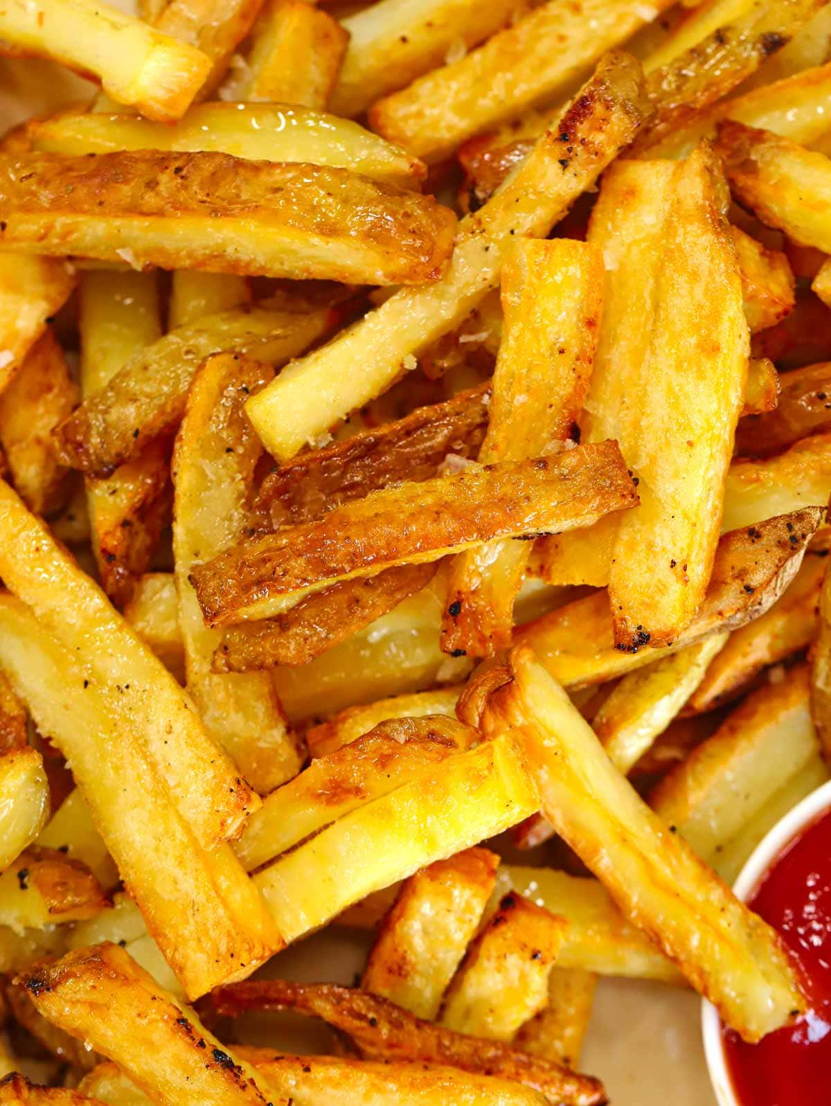 Close up of cooked homemade chips.