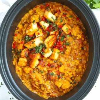 Simple Slow Cooker recipe for Red Lentil Dahl. The cooked dish.