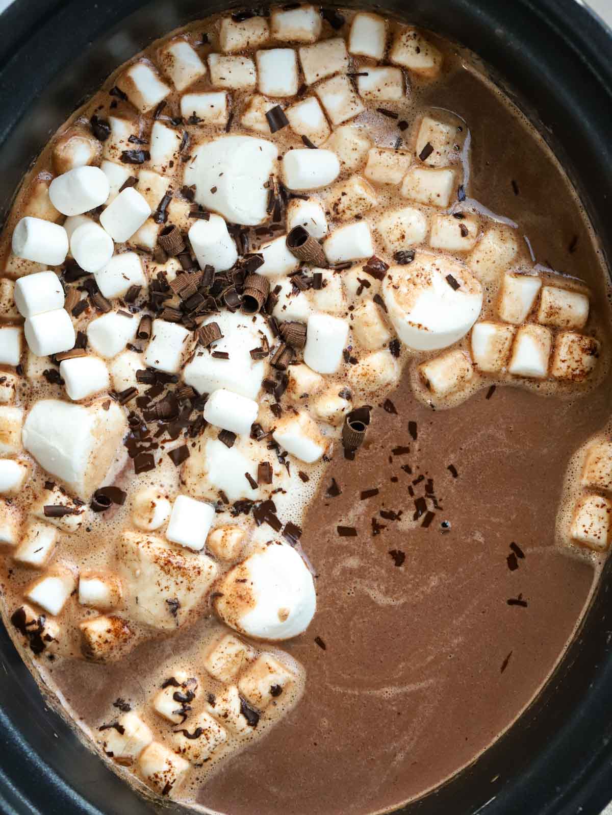 A close up of slow cooker hot chocolate.