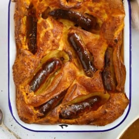 Browned sausages in a Yorkshire Pudding batter to make a perfect Toad in the Hole.