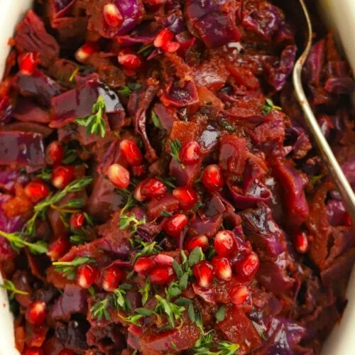 Colourful braised red cabbage in a dish.