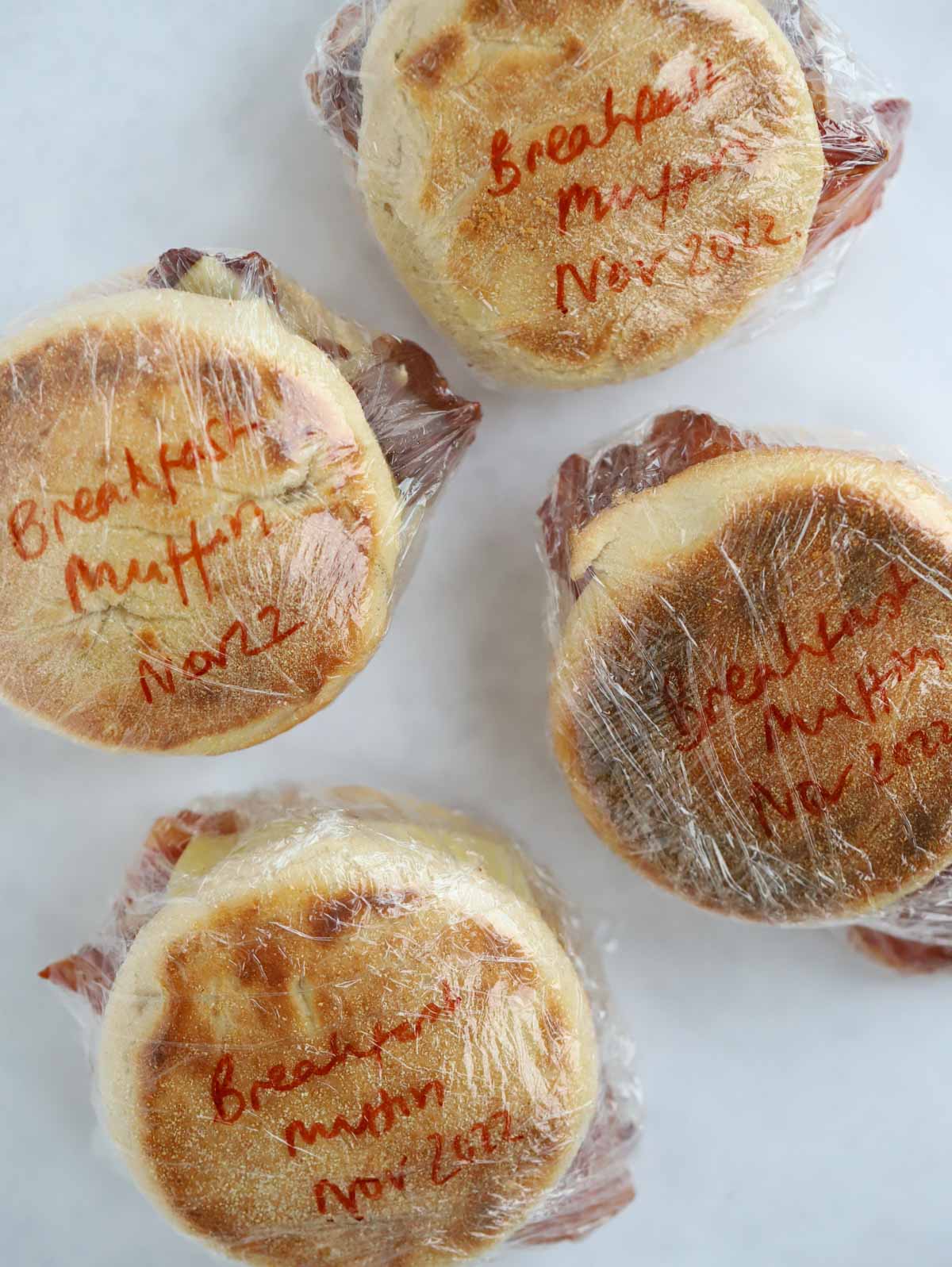 Frozen wrapped breakfast muffins.