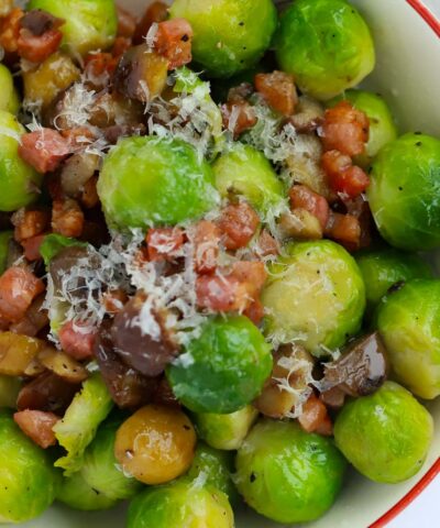 Delicious bowl of Brussels sprouts and bacon ready for Christmas Day.