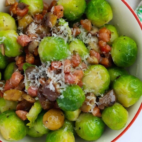 Delicious bowl of Brussels sprouts and bacon ready for Christmas Day.