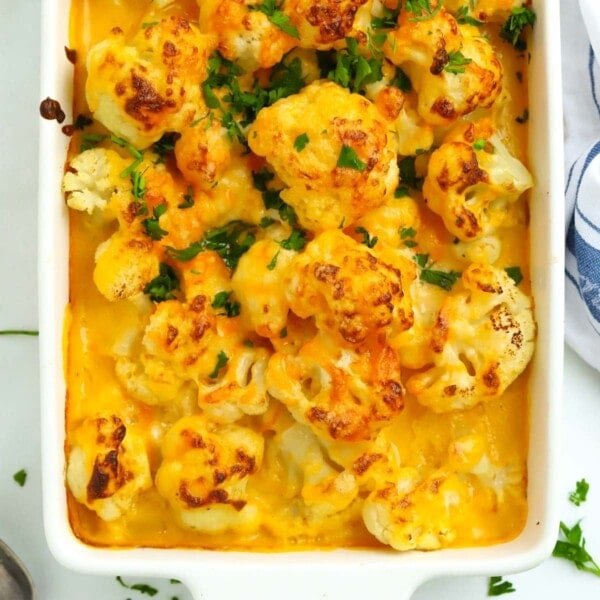 Big bowl of Easy Cauliflower Cheese out of the oven.
