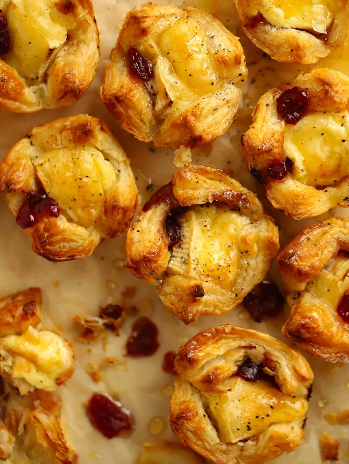 Brie and Cranberry Christmas Canapés on a tray.