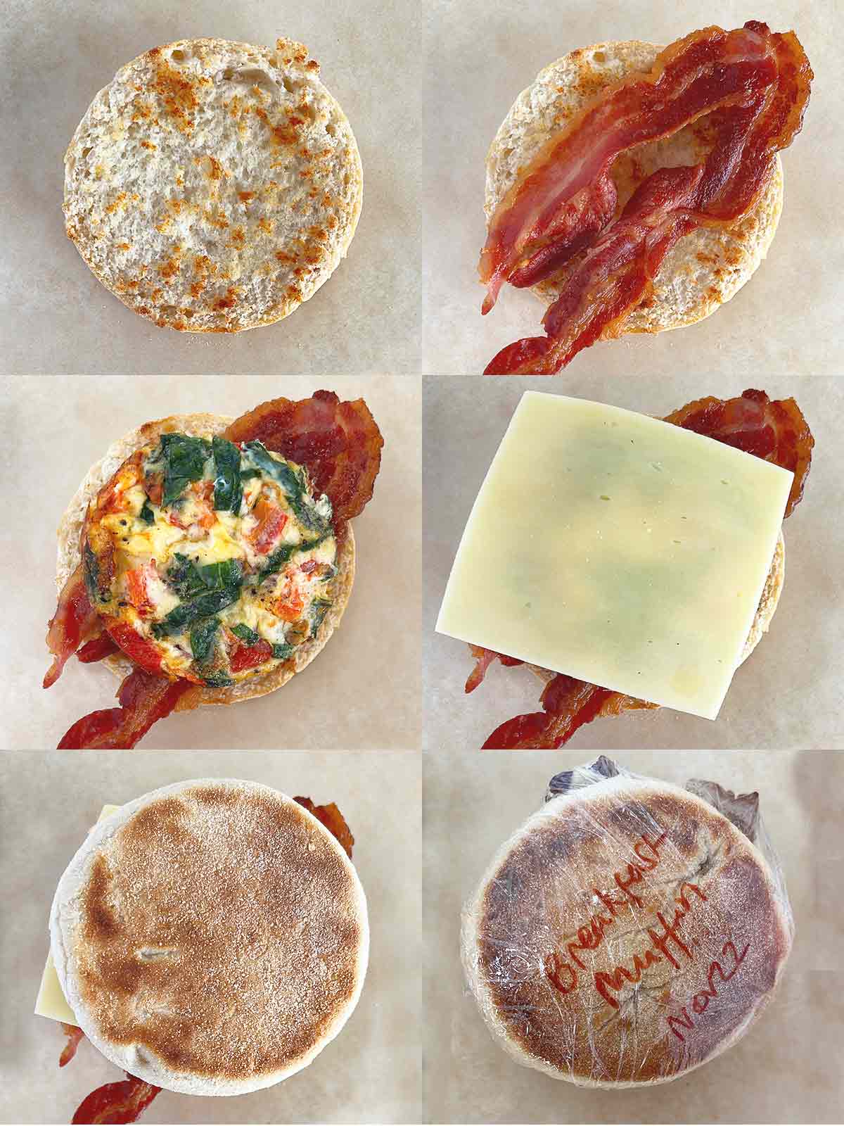 A collage showing 6 stages of making breakfast muffins for the freezer.