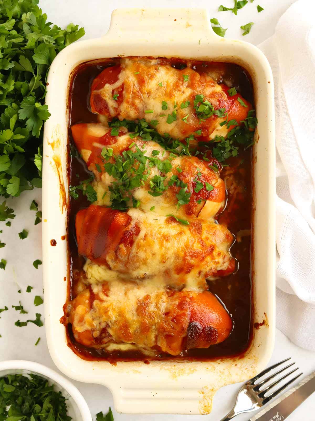 Casserole dish out of the oven with delicious and easy Hunter's Chicken recipe.