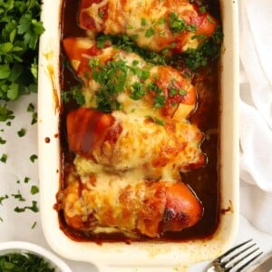 Hunter's Chicken recipe with cheese topping and barbecue sauce.