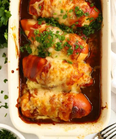 Hunter's Chicken recipe with cheese topping and barbecue sauce.