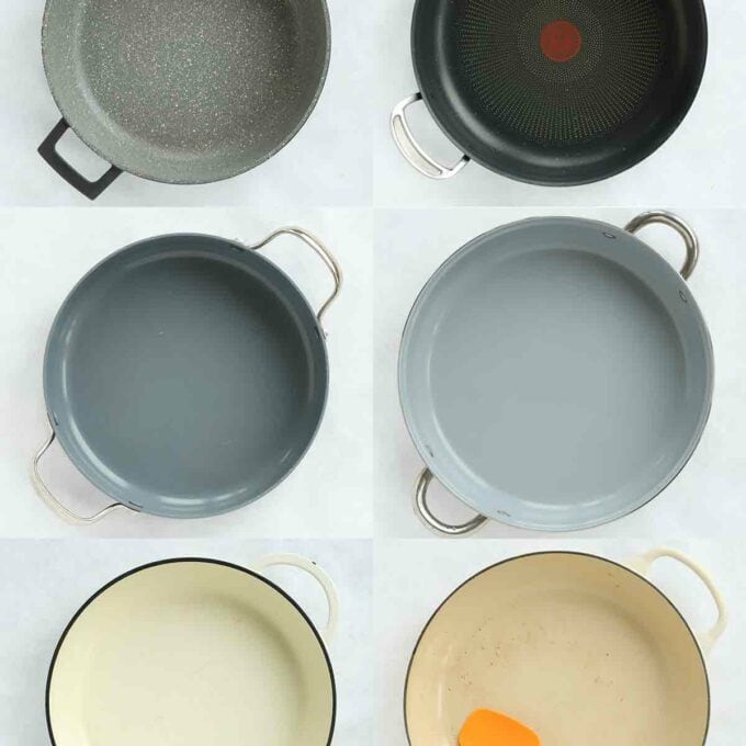 photo of different saute pans being reviewed