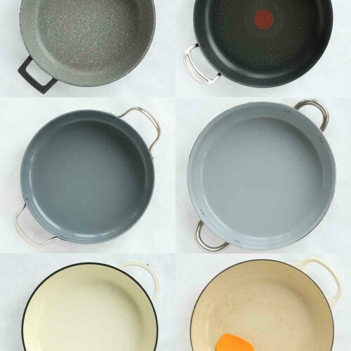 Bird's eye view of six pans for a pan review round-up.