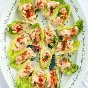 A platter of little gem lettuce Prawn Cocktail Canapés.