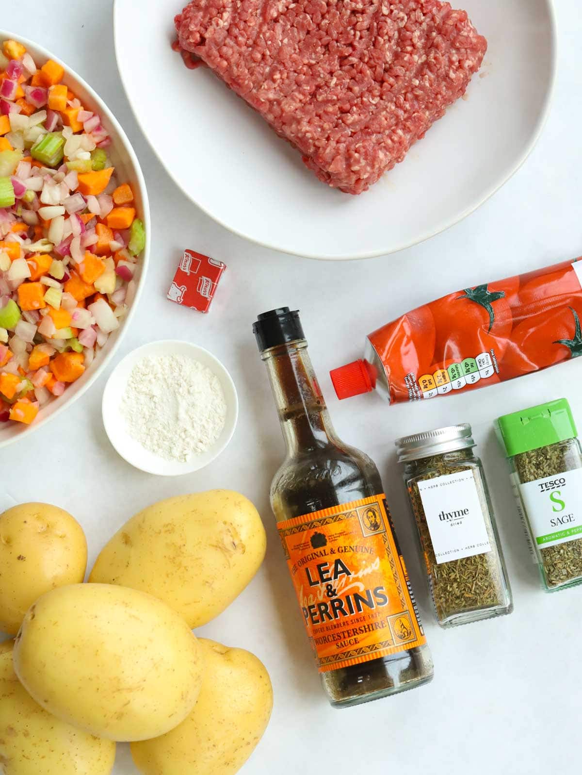 Shepherd's Pie ingredients laid out on a counter.