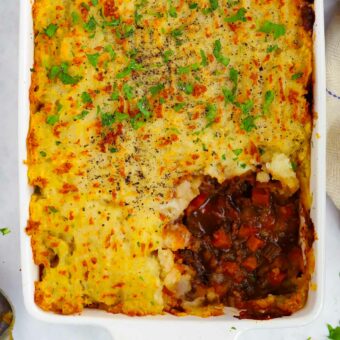 Comforting Shepherd's Pie with mince and topped with mash.