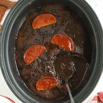 Chocolate Orange Pudding made in the slow cooker, ready to be served.