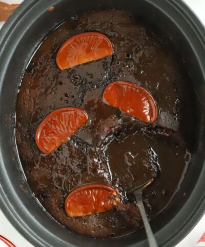 Chocolate Orange Pudding made in the slow cooker, ready to be served.