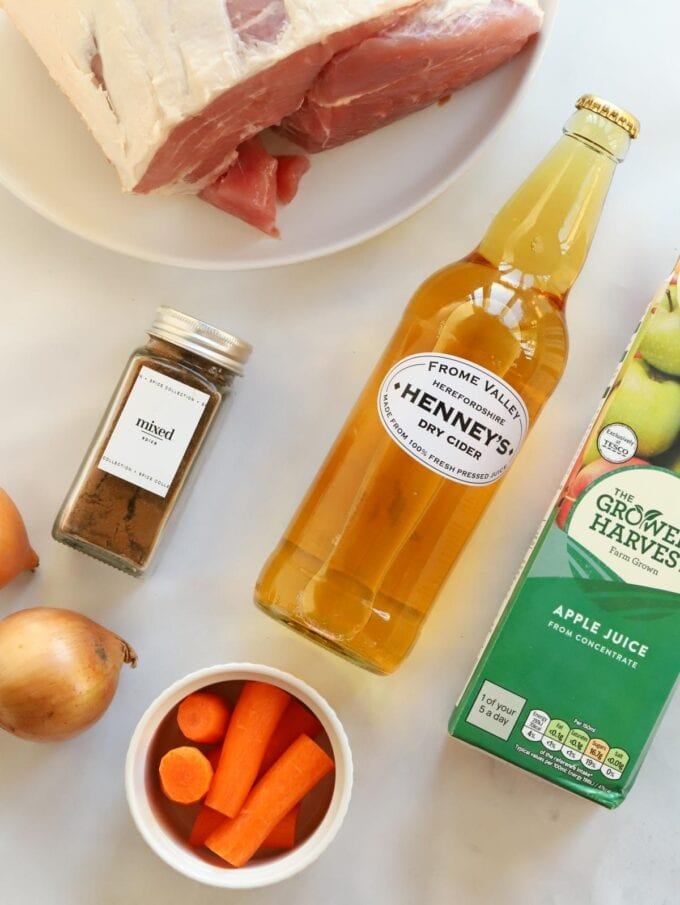 Ingredients for Slow Cooker Gammon laid out on a counter.