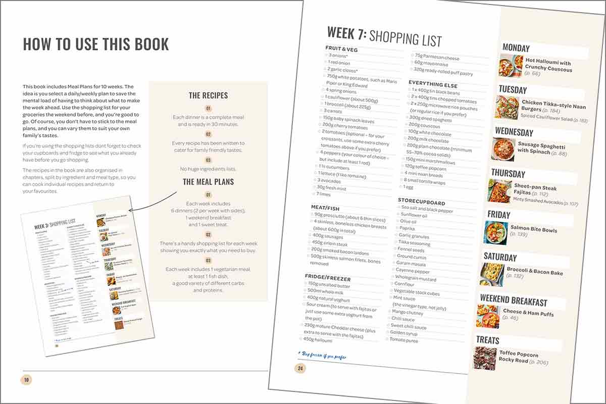 Examples of pages from 'What's for dinner' a book by Sarah Rossi of Taming Twins.