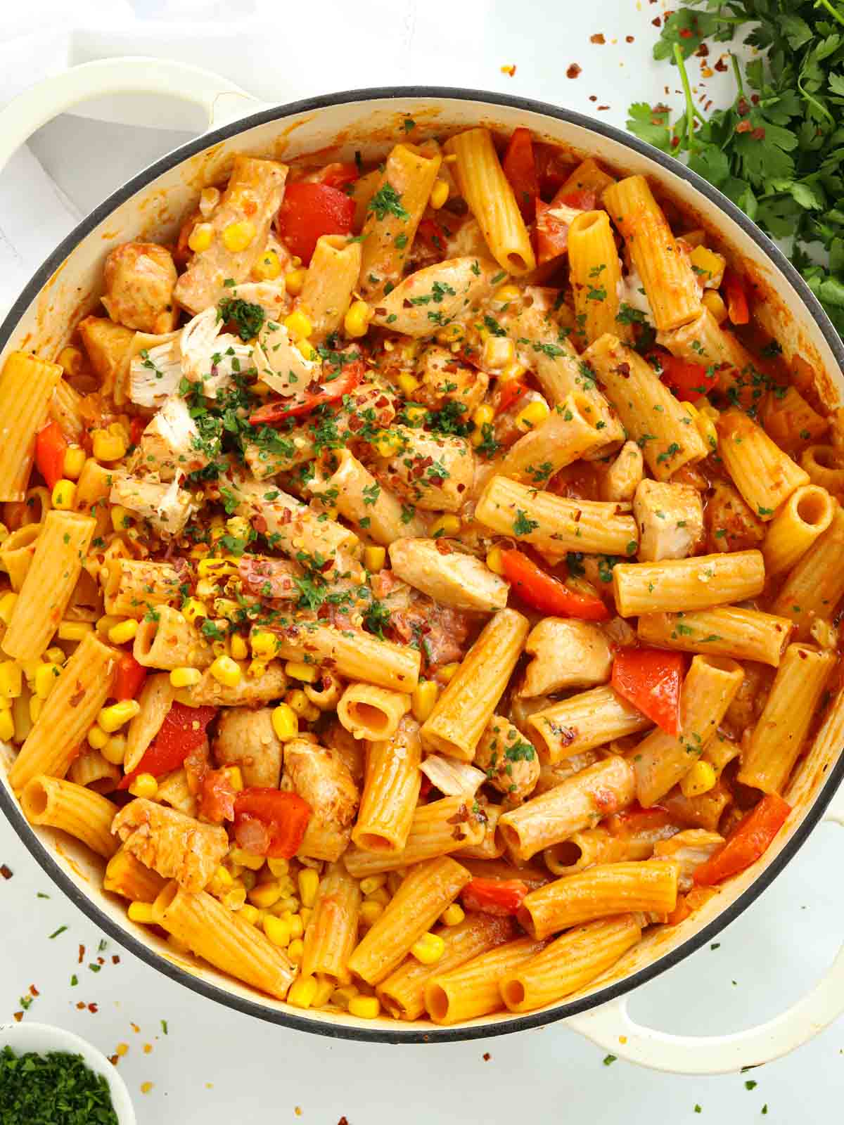 One pan recipe for peri peri chicken pasta.