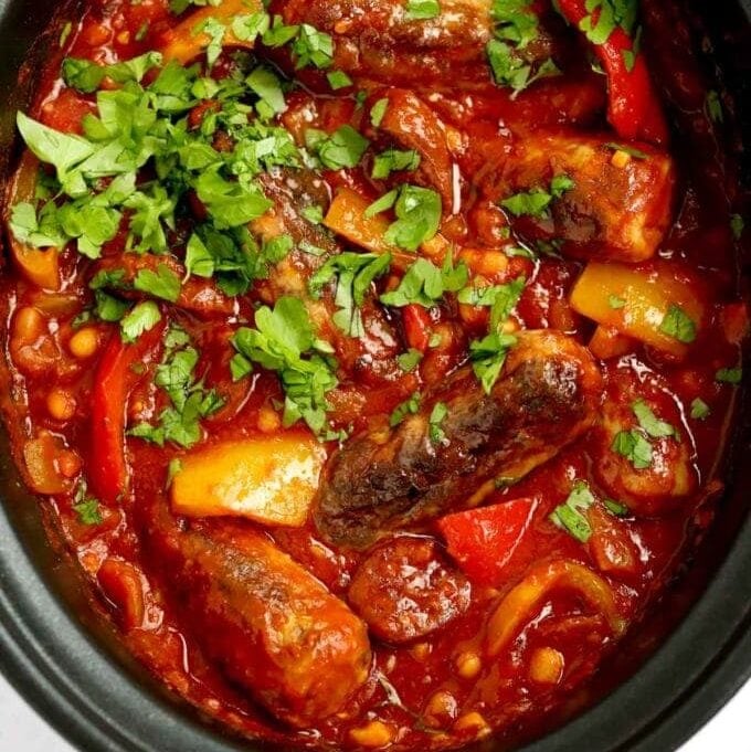 Slow Cooker Sausage Casserole with Crispy Chorizo & Beans