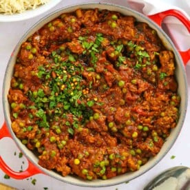 Big pan full of easy lamb keema curry, freshly made.