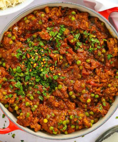 Big pan full of easy lamb keema curry, freshly made.