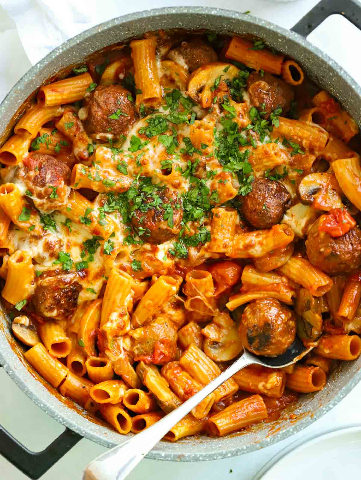Big panful of Meatball Pasta Bake. A delicious 30 minute recipe.