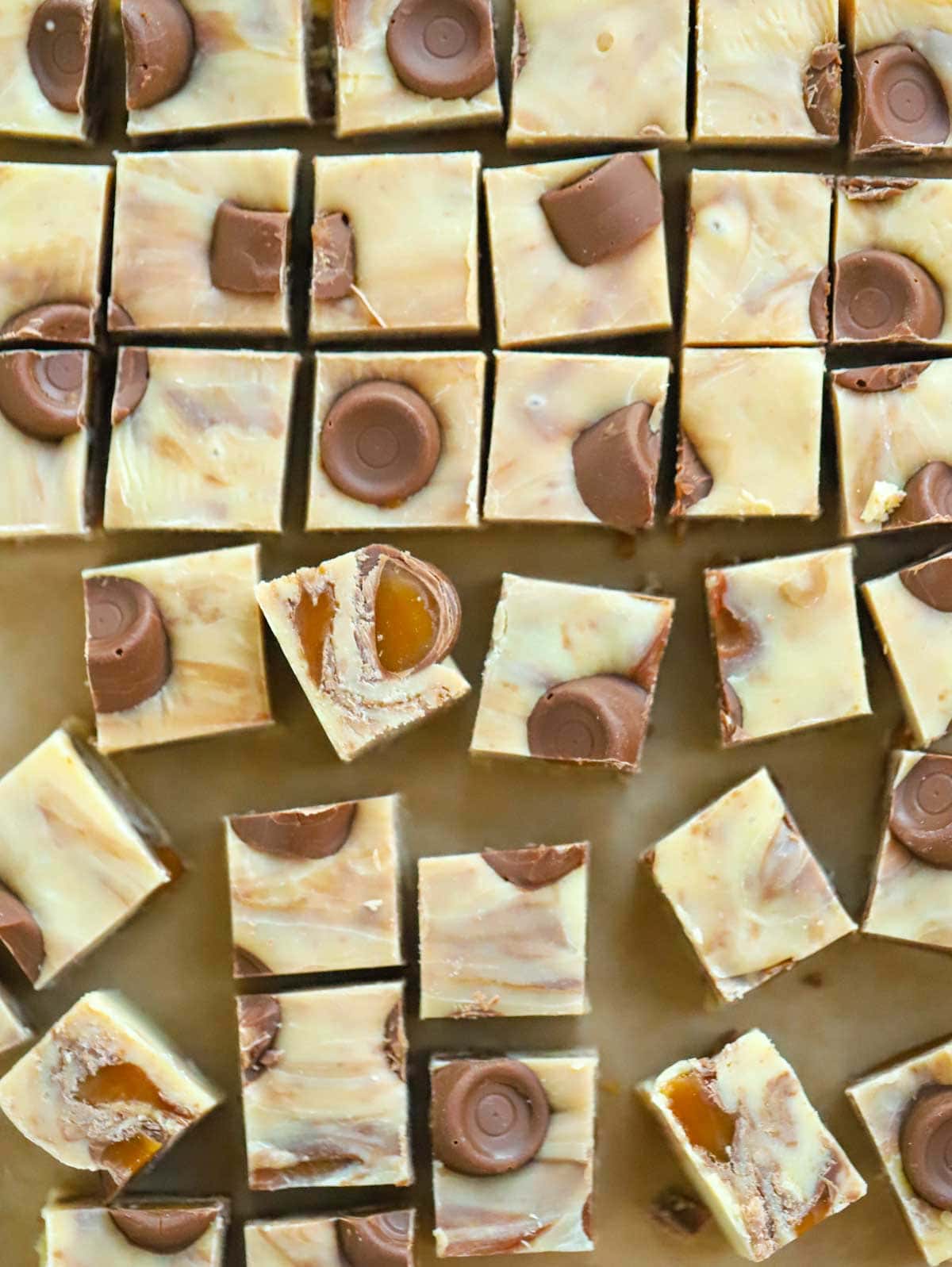 Finished recipe of Rolo Fudge pieces, cut into squares.