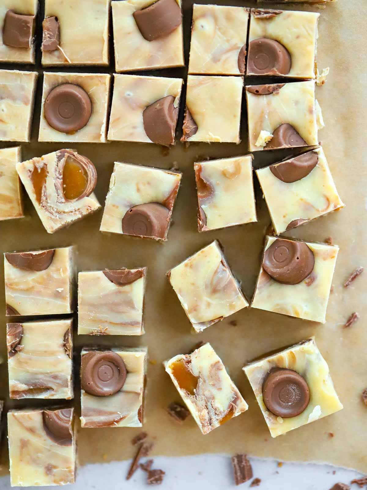 A tray of just-made Rolo Fudge, cut into squares.
