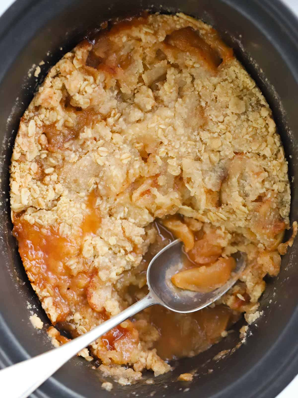 Close up of Slow Cooker Apple Crumble ready to be served.