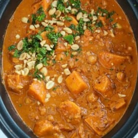 Sweet potato and peanut butter vegan stir in a slow cooker.