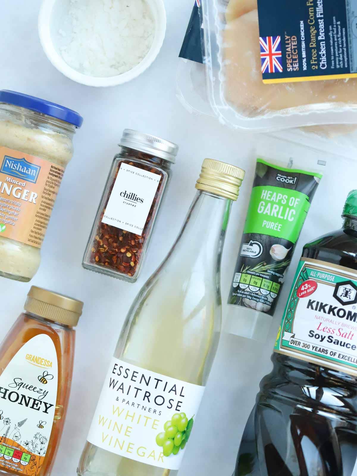 Ingredients for teriyaki chicken recipe laid on a counter.