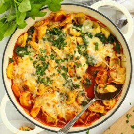 A pan full of fresh tortellini lasagne - a simple 10 minute meal.