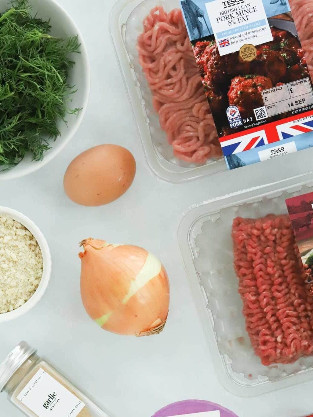 Ingredients for Swedish Meatballs laid on a counter.