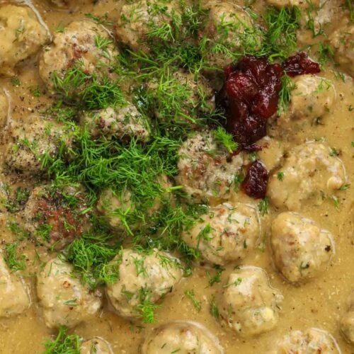 Pan with Ikea-style homemade Swedish Meatballs ready to be served.