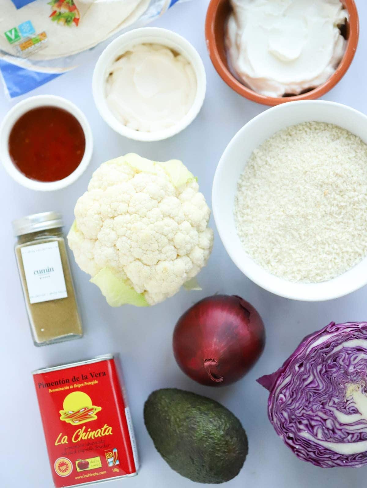 Ingredients for Cauliflower Tacos recipe laid out on a counter.