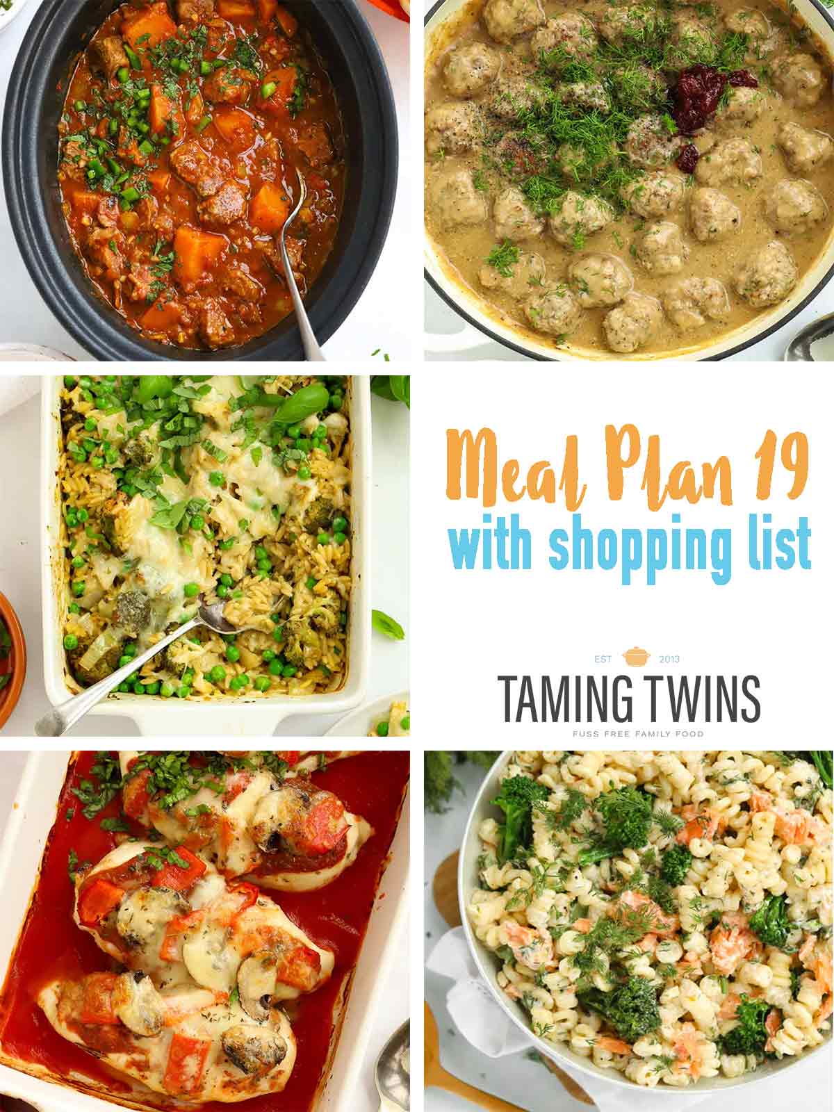 Five recipes for meal plan 19, finished recipes collage.