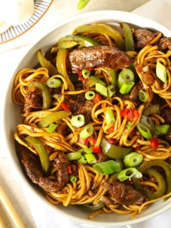 Close up of a big bowl of sticky beef stir fry with noodles, topped with spring onion and filled with veg.