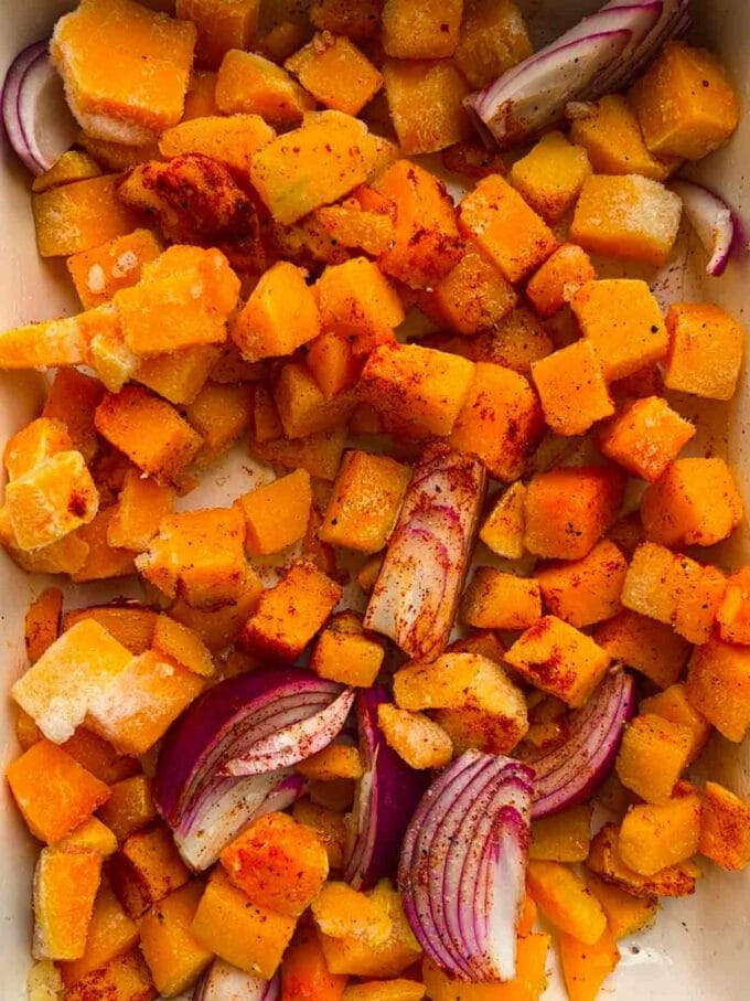 Step 1 of the recipe Butternut Squash and Halloumi Orzo Bake.