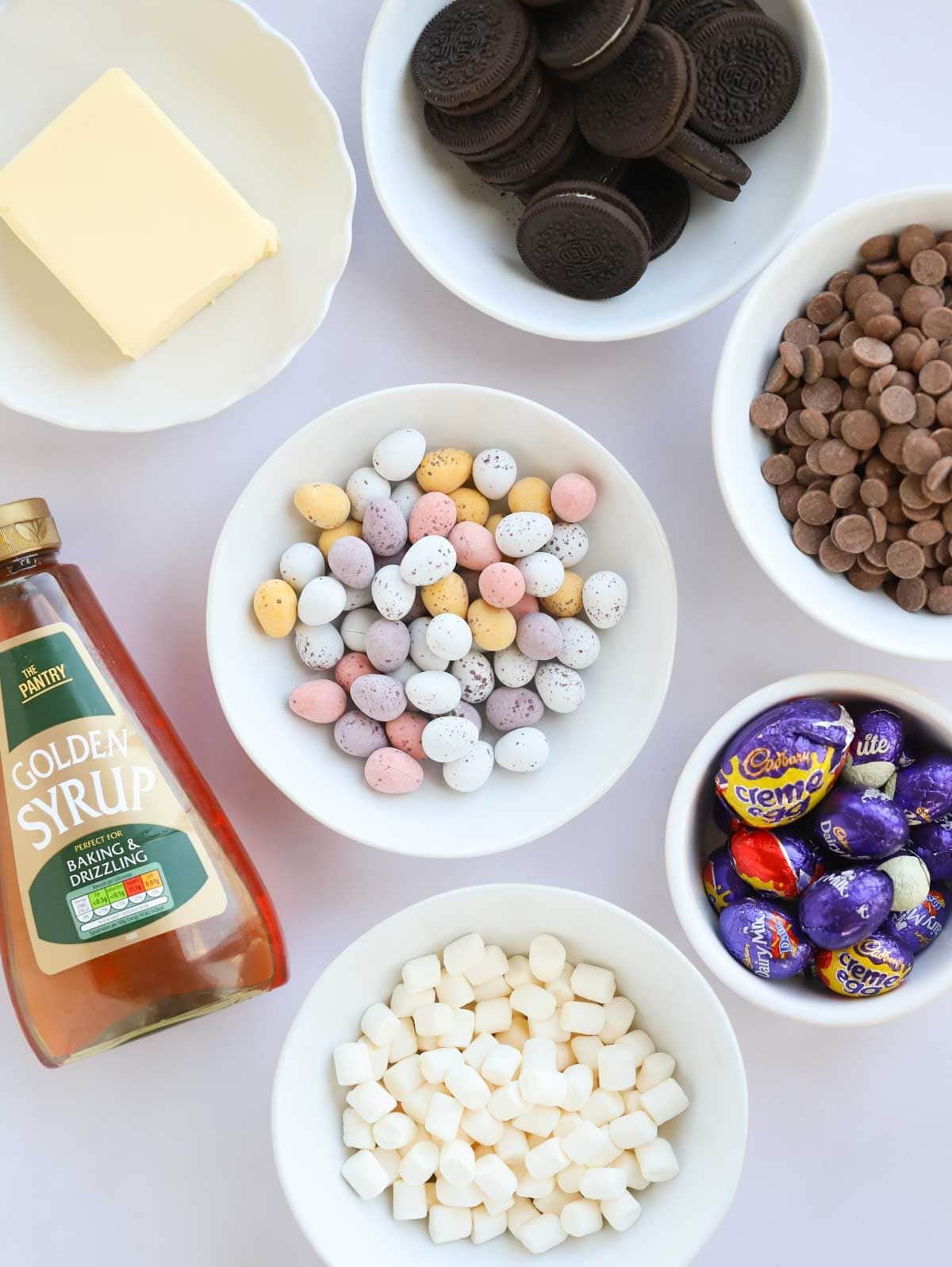 Ingredients for Easter Rocky Road laid on a table.