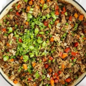 Rice, beef mince and vegetables mixed together for Beef Fried Rice dish.