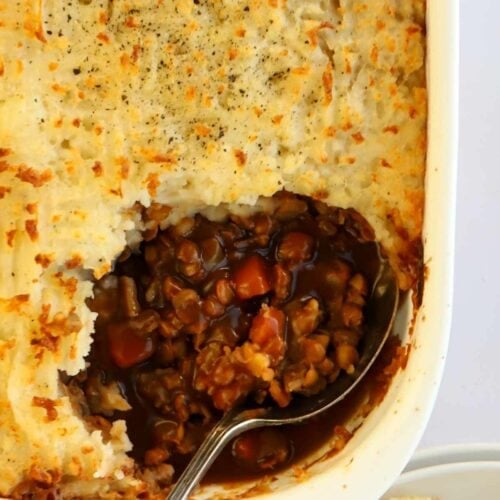 Delicious and hearty Veggie Cottage Pie straight out of the oven.